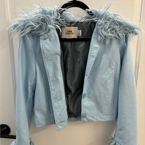 Urban Outfitters Sky Blue Leather Jacket with Faux Fur